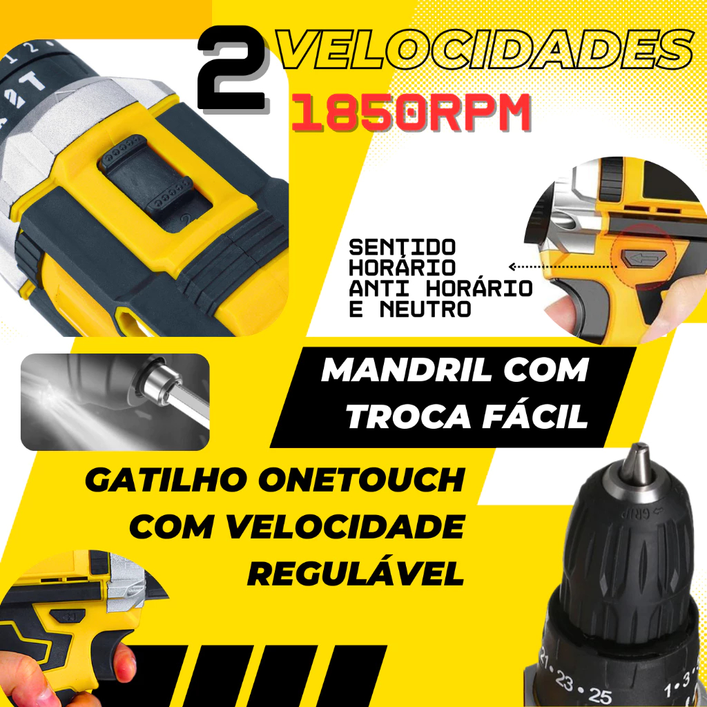 Parafusadeira Furadeira de Impacto a Bateria Recarregável Sem Fio 48v 2 Baterias Com Maleta Completo — foto 2