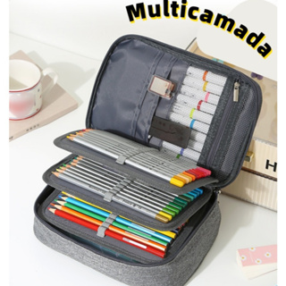 Estojo escolar organizador grande com pompom e divisórias múltiplas em Oferta na Shopee