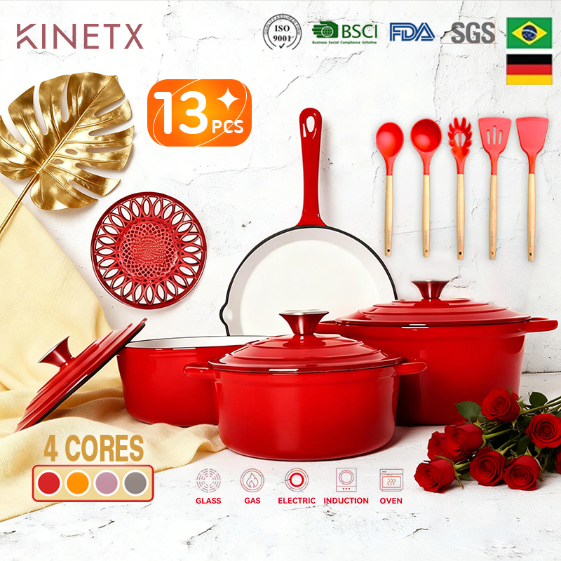 Imagem Jogo de Panelas 13 Peças Ferro Fundido Esmaltado Premium Alta Resistência Antibacteria Mantenha aquecido e fresco
