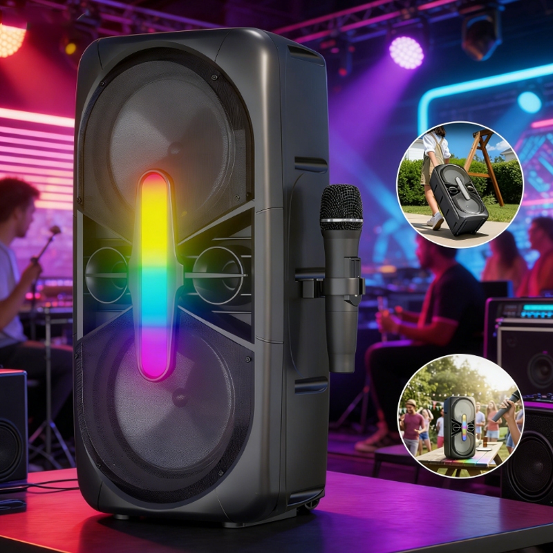 RGB  microfone sem fio/karaokê, som estéreo potente. Conexões: Bluetooth, AUX  cartão