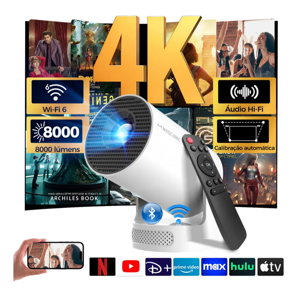 MAGCUBIC HY300 Pro + Projetor 4K WiFi 6 BT5.4 Cinema Portátil Alto-falante de 5W