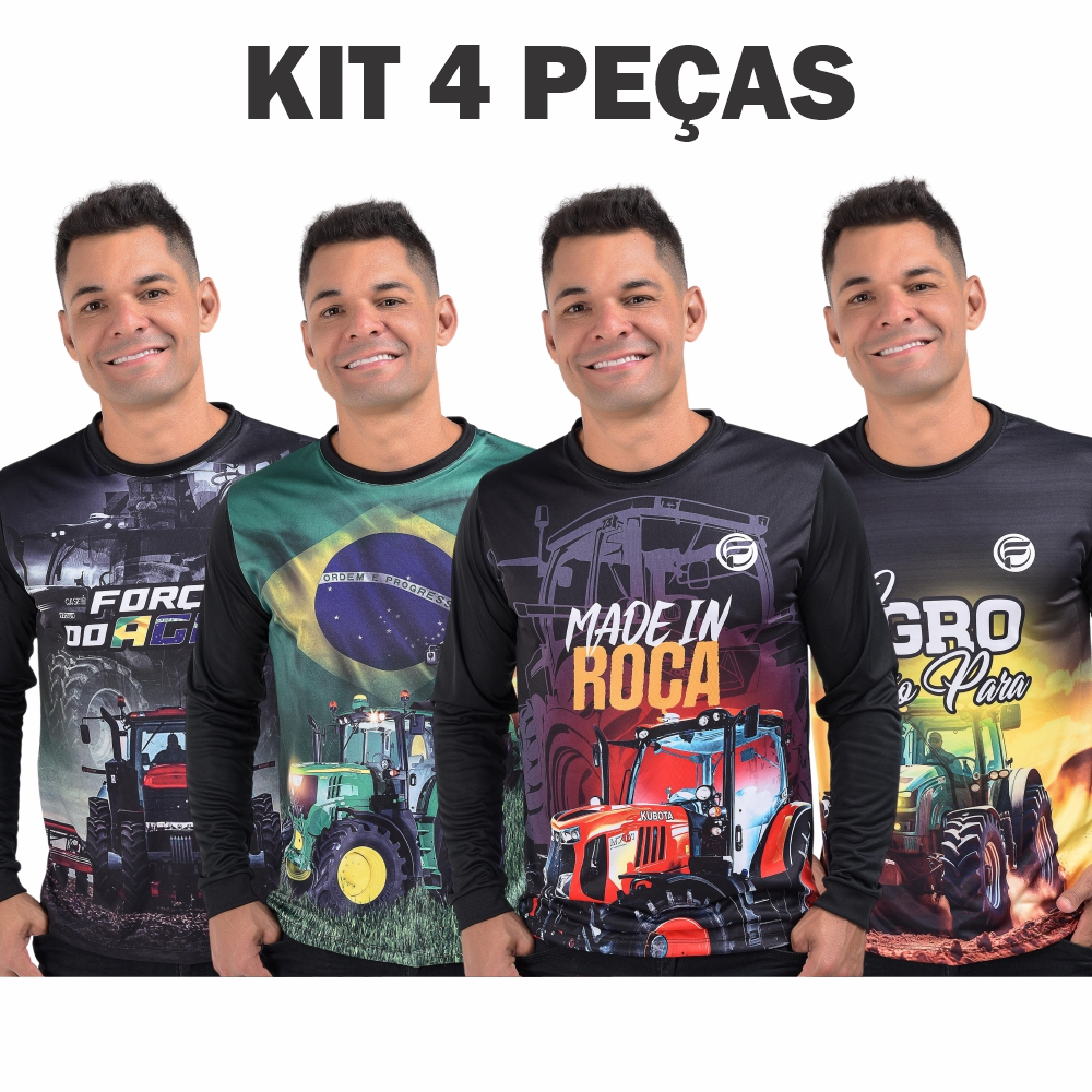 KIT 4 Camiseta do Agro Masculina UV Agropecuária Fazenda Bruto Camisa Dryfit Trator Brasil Blusa