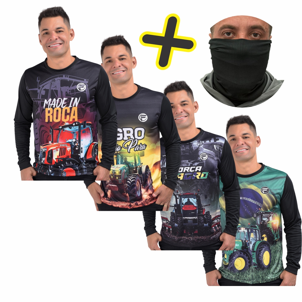 KIT 4 Camisa Agro + Bandana Manga Longa Masculina UV Agropecuária Fazenda Bruto Camiseta Brasil