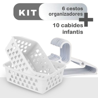 Combo Enxoval 10 Cabides Infantil + 6 Cestos Multiuso Branco em Oferta na Shopee