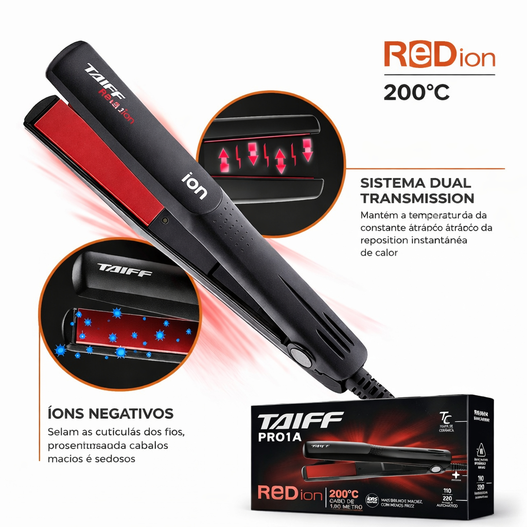 Chapinha Prancha Taiff Cerâmica Red Íon 200°C Alisamento Rápido Anti-Frizz em Oferta na Shopee