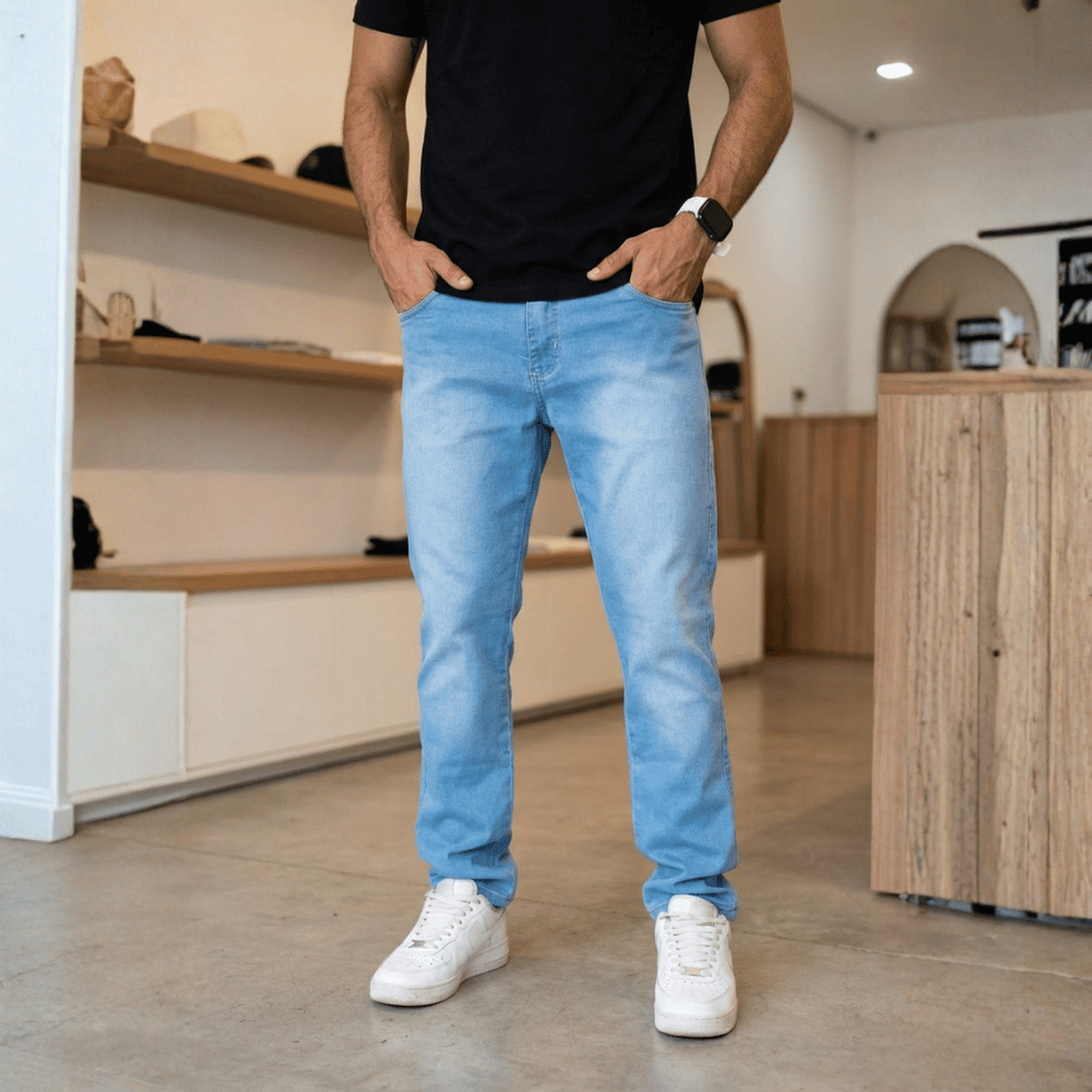 Calça Jeans Masculina Clara Tradicional Corte Reto Lavagem Ice Blue Premium Original