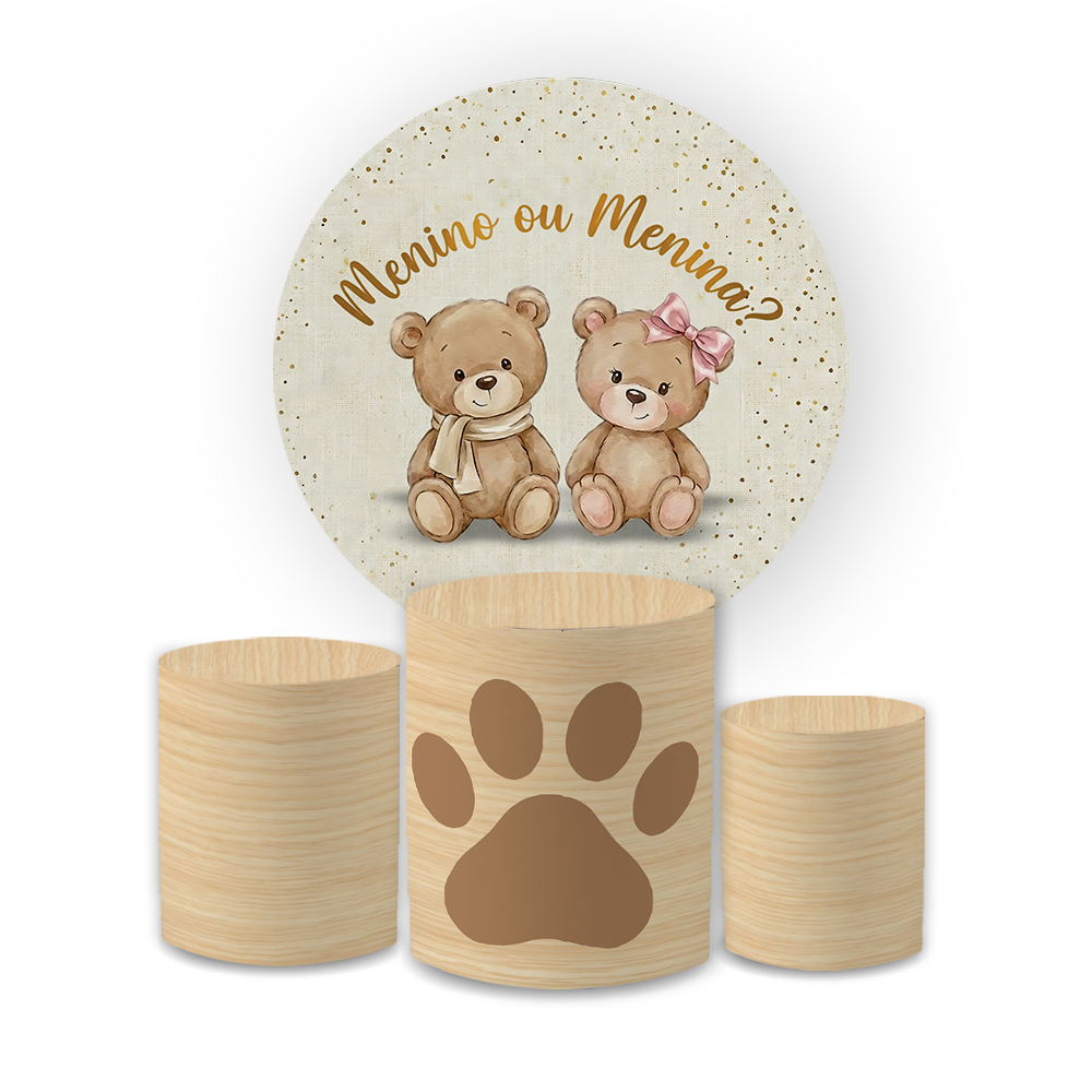 Kit Capas Chá Revelação Painel + Cilindros Ursinhos Menino Menina Decoração Clean Chá de Bebê