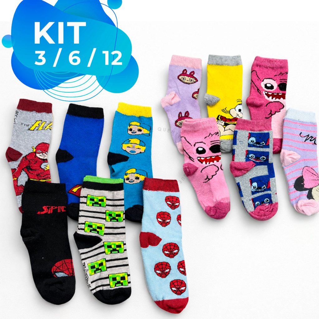 Kit Pares Meias Infantil Algodão Personagens Aleatorias Menino Menina Estampada Super Herói ou Lisa