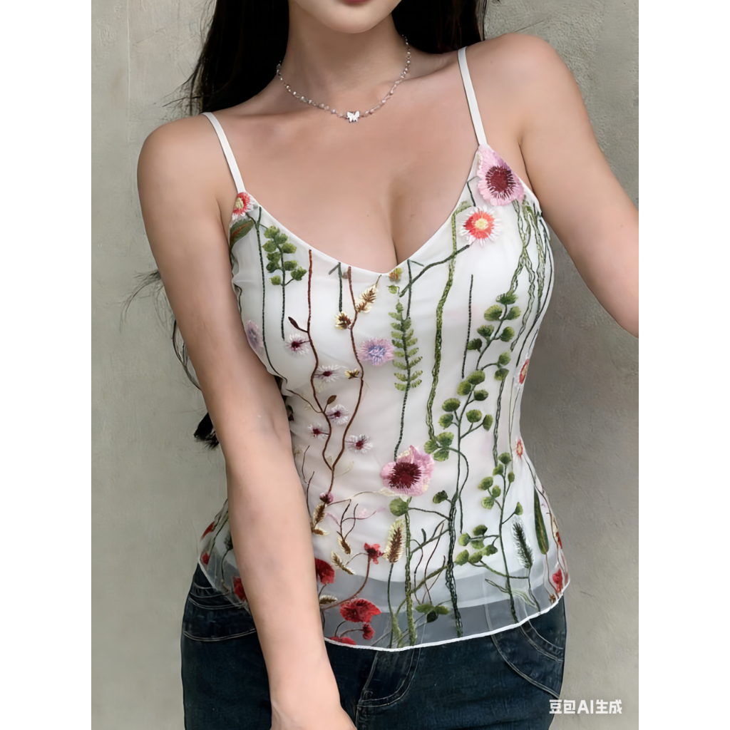 Bin Hang - Regata Feminina Preta Bordada Floral em Tule Alça Fina em Oferta na Shopee