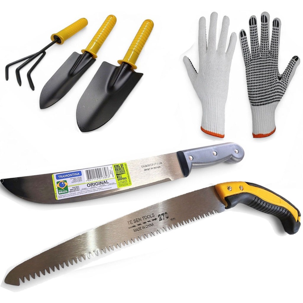 Kit Jardinagem Facão Tramontina 10 pol Ancinho Pazinha Larga Pazinha Estreita Serra / Serrote Luva