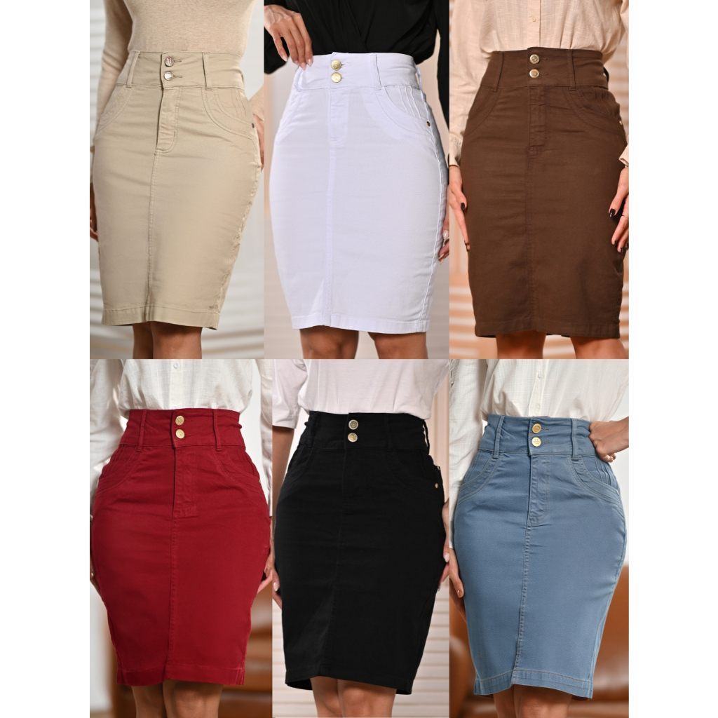 Saias Brim Feminina Secretária com Elastano Cintura Alta Anagrom Alta Qualidade em Oferta na Shopee