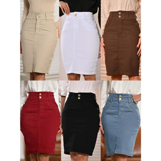 Saias Brim Feminina Secretária com Elastano Cintura Alta Anagrom Alta Qualidade em Oferta na Shopee