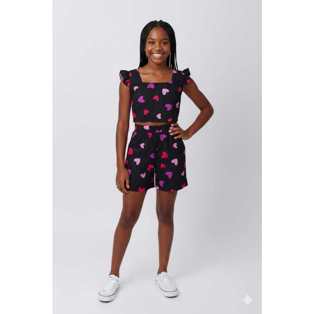Conjunto Infantil Juvenil Blogueirinha Crepe  - Top Amarração e Short com Bolso (Tamanhos 10 ao 14)
