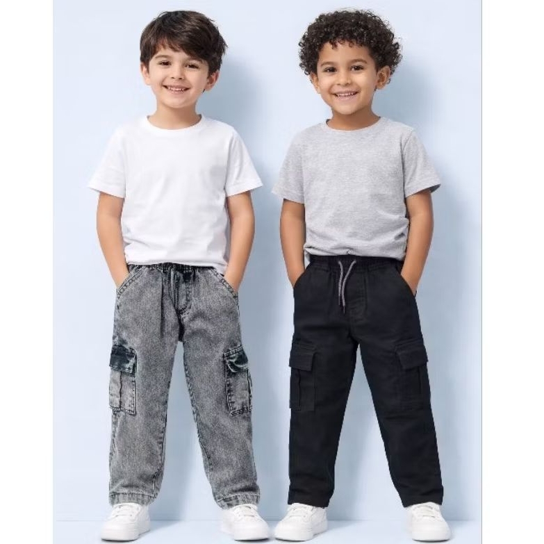 Calça Cargo Infantil Masculina Jogger Com Elástico e Bolsos - Preta ou Jeans