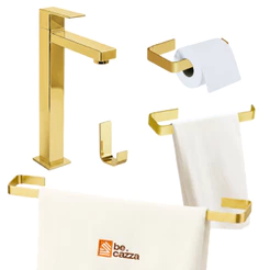 Kit Acessórios Banheiro Dourado Gold 4 Peças Dupla Fixação + Torneira Bica Alta Dourada 100% Metal