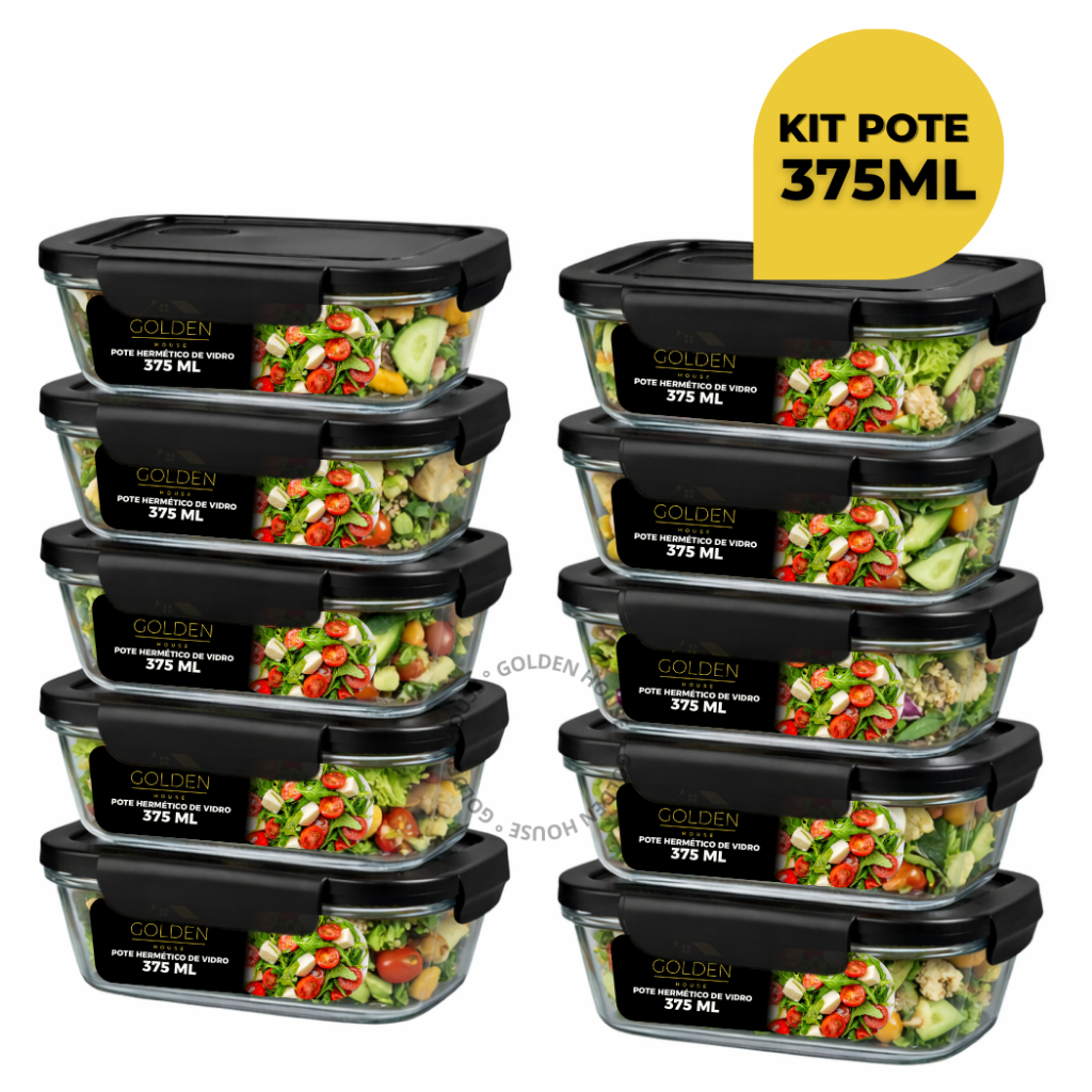 Kit 10 ou 5 Potes Hermético Vidro 375ml Retangular 4 Travas Marmita Premium Preto