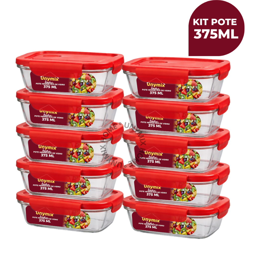 Kit 10 ou 5 Potes Vidro Hermético 375ml Retangular 4 Travas Premium - Vermelho em Oferta na Shopee