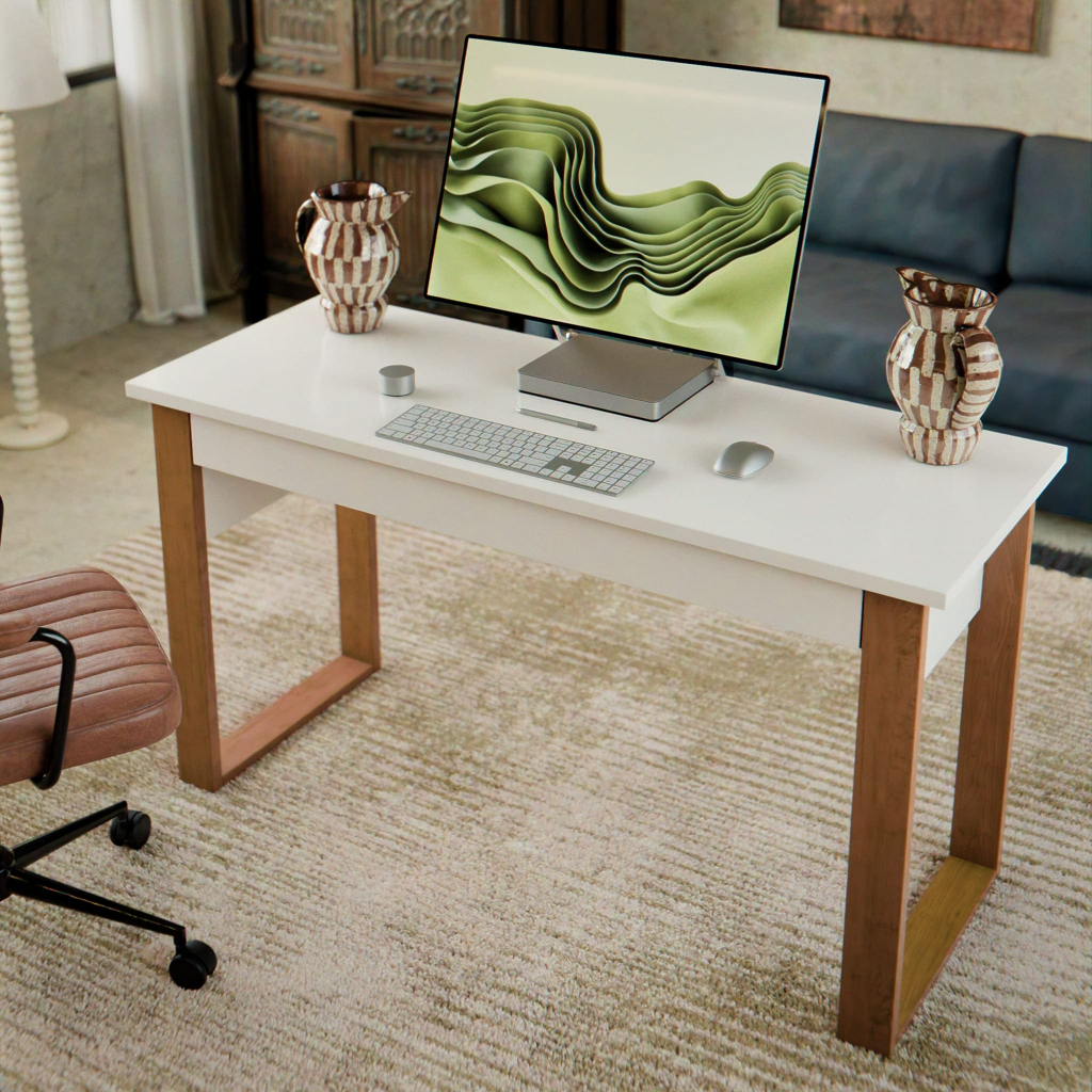 Mesa Escrivaninha Para Escritório Estilo Industrial Com Gaveta Cor Off White/Freijó Casa Lustre
