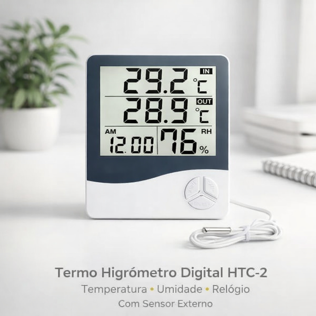 Termo Higrometro Relogio Digital Medidor Temperatura Umidade Ar HTC-2 Visor LCD Precisao Alta