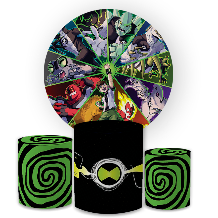 Kit Capa Painel 1,50x1,50 + Trio Cilindro Herói Verde Relógio Alien Festa Infantil Sublimado Decoração