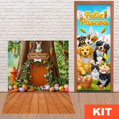 Kit Capa de Porta Páscoa + Fundo Fotográfico Pet Em Tecido Sublimado - Decoração Pet Shop