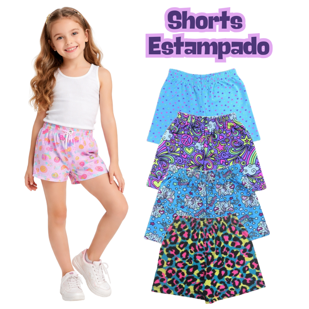 Shorts Cotton Algodão Estampada Sortido Infantil Juvenil Menina Estampas Tamanho 2 ao 12