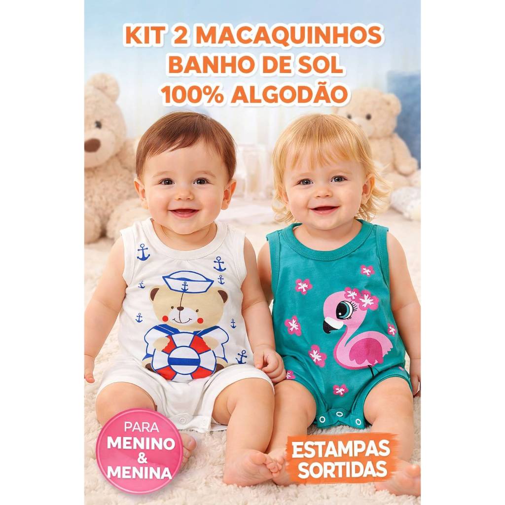 Kit 2 Unidades Macaquinho Banho de Sol Bebê menino e menina 9 a 16 Meses 100% Algodão Estampas Sortidas