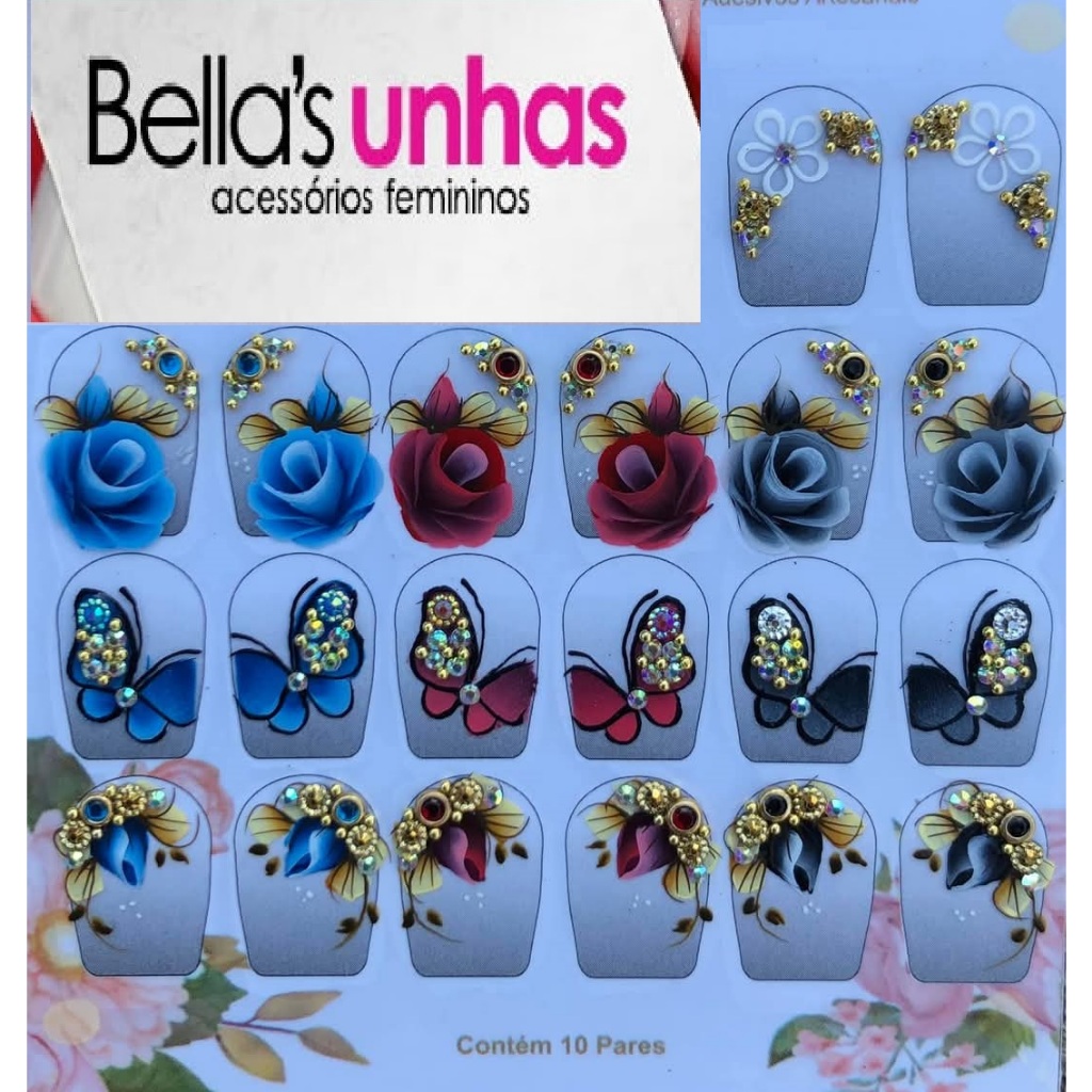 20 adesivos unhas artesanais super luxo com pedrarias e jóias para unha strass cartelão