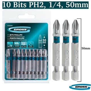 Jogo 10x Bits Phillips 1/4 Pol, Comprimento 50 Mm, Ph2, Aco S2 GROSS 1133555