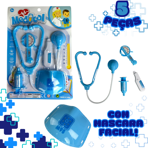 Kit Médico Azul Enfermeiro Brinquedo 5Pçs Máscara Infantil 