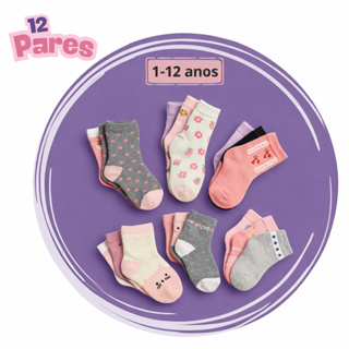 Kit 12 Pares De Meias Soquete Cano Curto Infantil Feminino em Oferta na Shopee