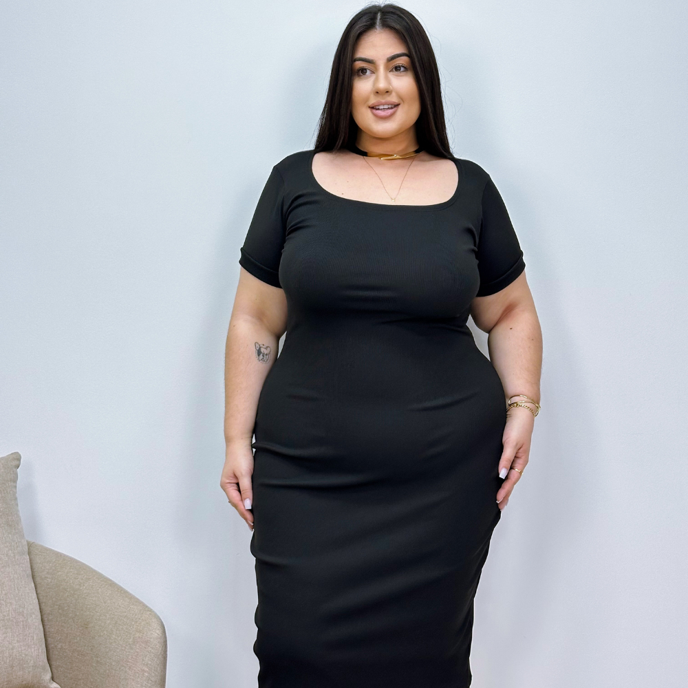 Vestido Plus Size Decote Quadrado Tendencia Verão Moda Premium Canelado Ribana Midi Feminino