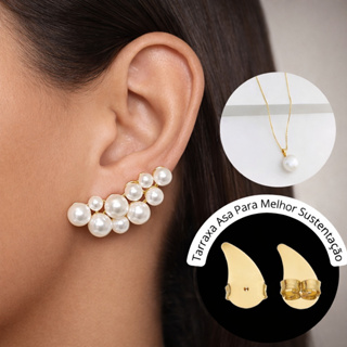 Conjunto Elegante de Brinco e Colar de Pérola  Brinco Ear Cuff e Colar de Pérola Banhado em Ouro 18K em Oferta na Shopee