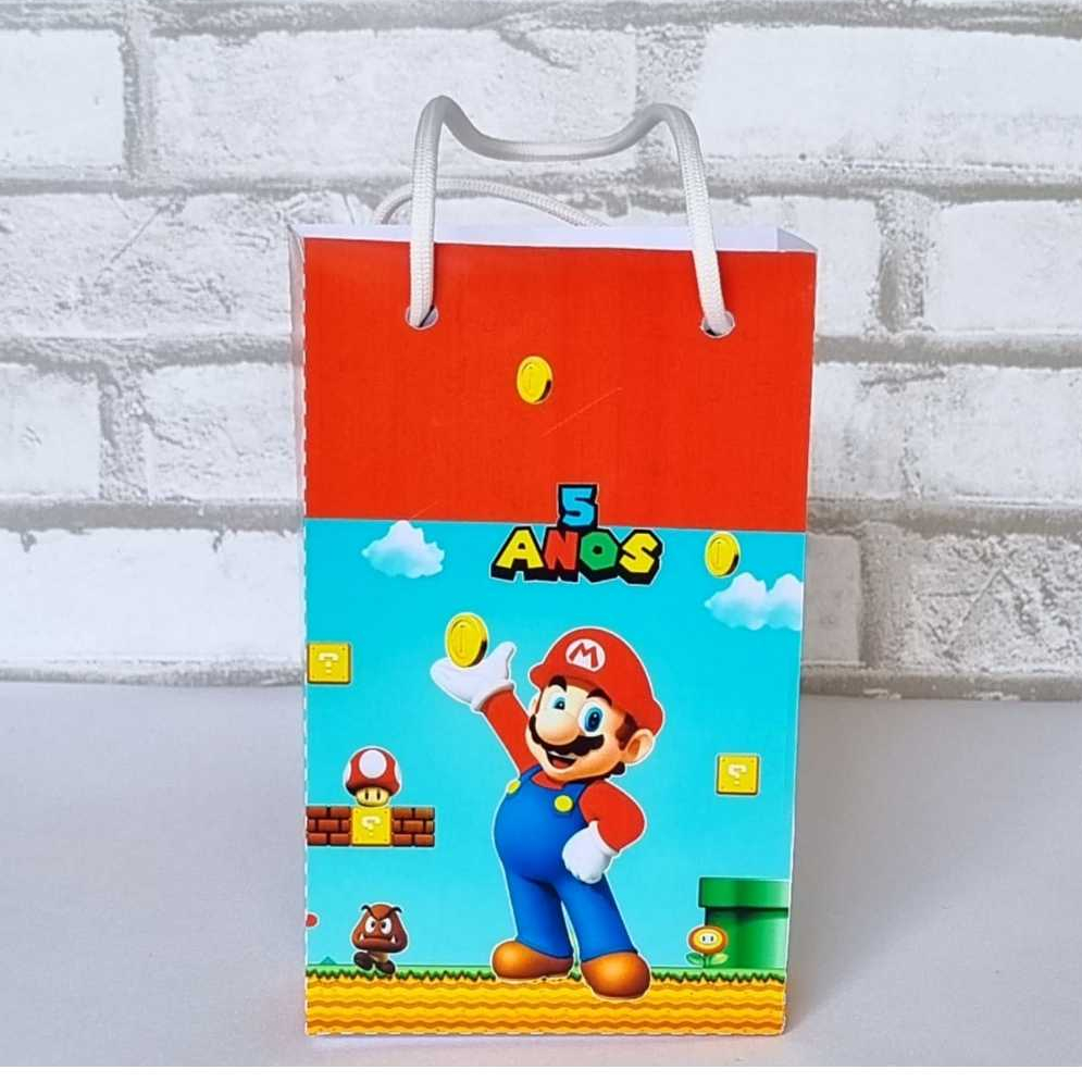 Sacolinha de Papel Personalizada Tema Super Mario Bros para Lembrancinha Festa de Aniversário Infantil com Nome e Idade