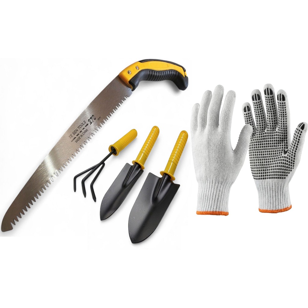 Kit 5 Peças Jardinagem poda Ferramentas Ancinho Luvas Jardineiro Serrote / Serra Pá