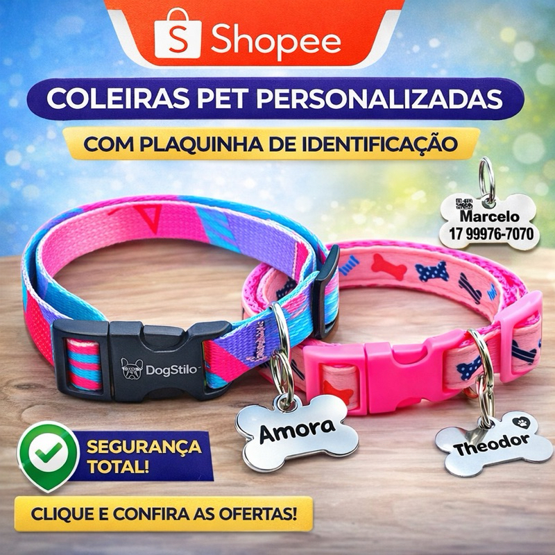 Coleira para Cachorro com Plaquinha de Identificação Nome e Telefone Gravado