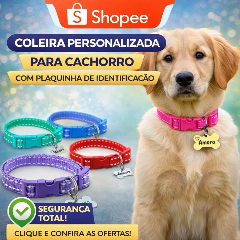 Coleira Para Cães Com Plaquinha de Identificação Personalizada Nome Telefone