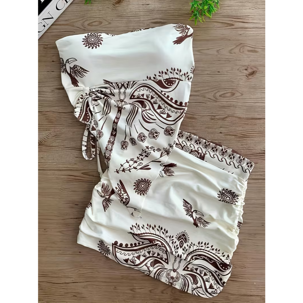 Conjunto Feminino Estampado Cropped Assimétrico com Bojo + Mini Saia Franzida  Moda Verão Tendência em Oferta na Shopee