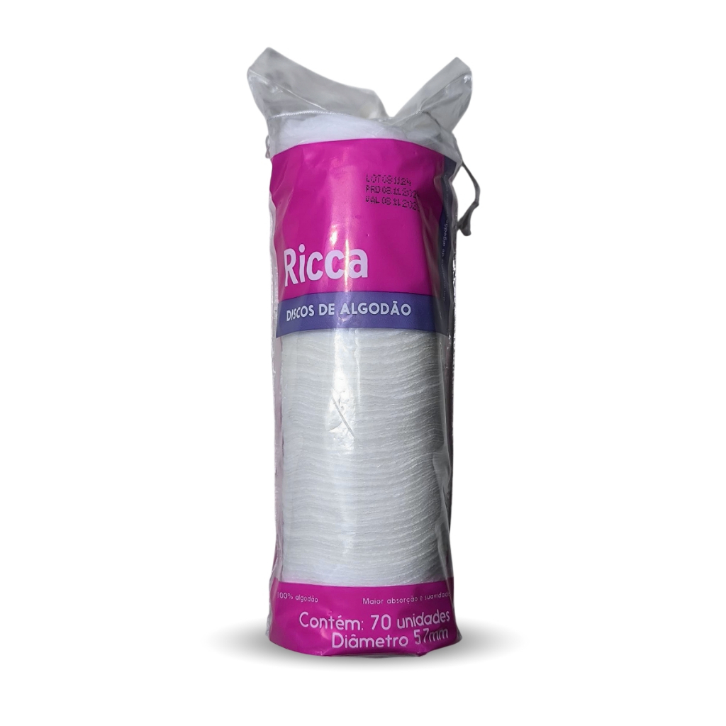Discos De Algodão Ricca 70 Unidades 57mm Limpeza Facial