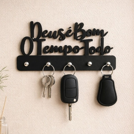 Porta Chaves Organizador Decorativo em MDF Preto 3mm com Autocolante Deus é Bom
