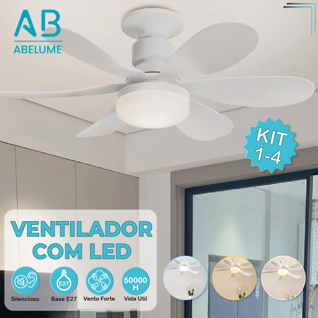 Ventilador de Teto PRO 100W ou 80W Super LED Lâmpada E27 Controle Remoto Luminária Economica de Energia 6 lâminas Bivolt