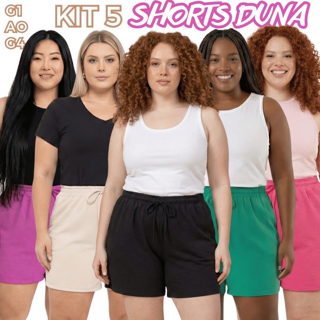 Kit 5 Shorts Feminino Bermuda Feminina Plus Size Soltinho Leve Saída Praia G1 G2 G3 G4 Cintura Verão