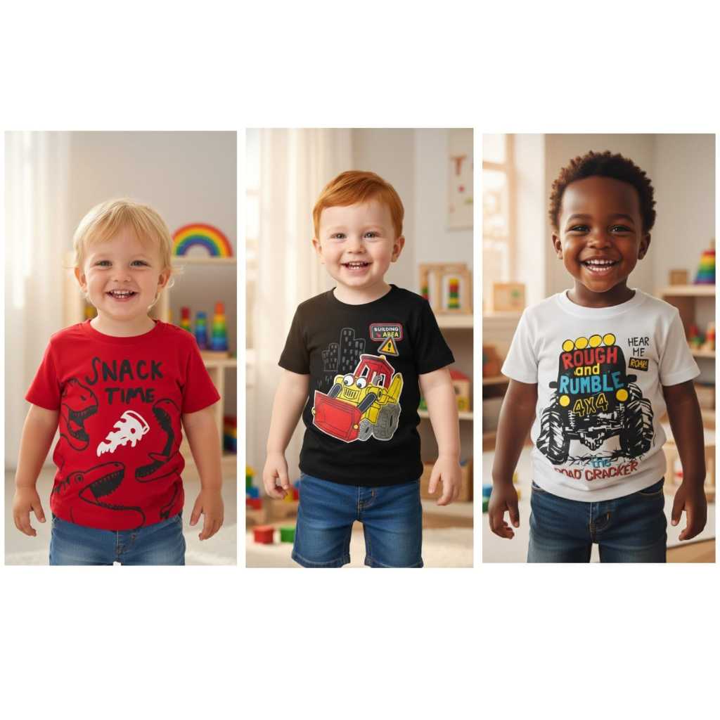 Kit 3 Camiseta Infantil Menino Manga Curta Estampa e Cores Sortidas 01 ao 03 Bebê 100% Algodão