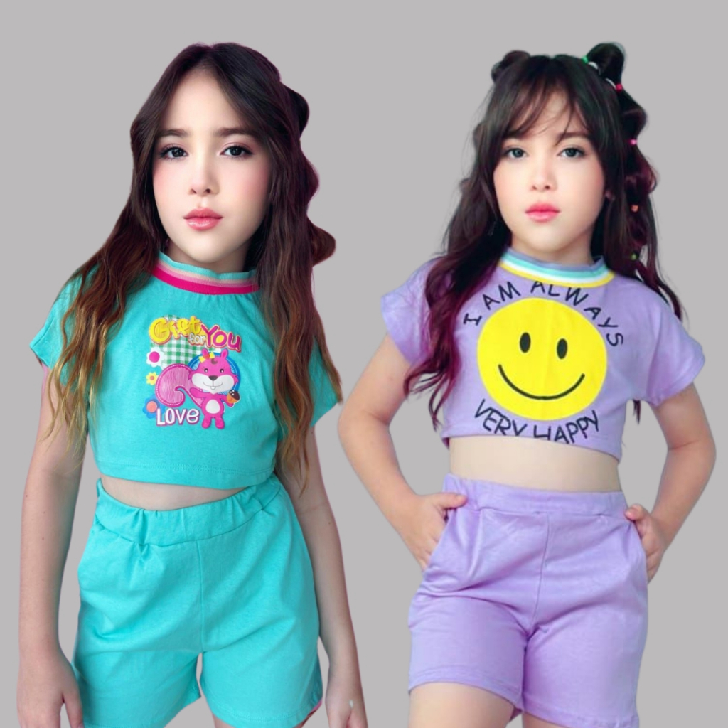 Kit 6 Peças • Conjunto Cropped Infantil Feminino • Algodão • Veste 1 a 6 Anos • Cores Sortidas