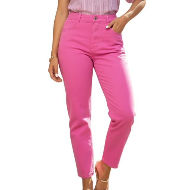 Calça Jeans Feminina Mom Reta Color Lima Mom Rosa Pink Carnaval