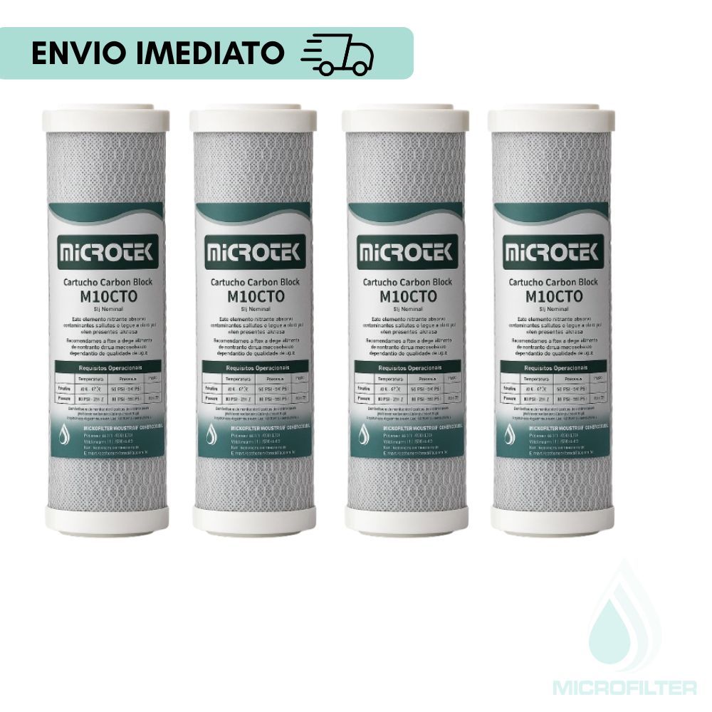 Refil Filtro Carbon Block Carvão Ativado 9 3/4" Kit C/4 Unidades Remove Cloro Odor e Gosto da Água