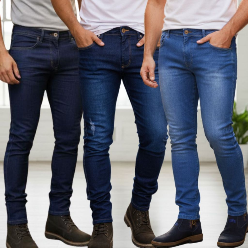 Calça Jeans Masculina Kit Com 3 Slim Fit Premium Lycra sem a preta em Oferta na Shopee