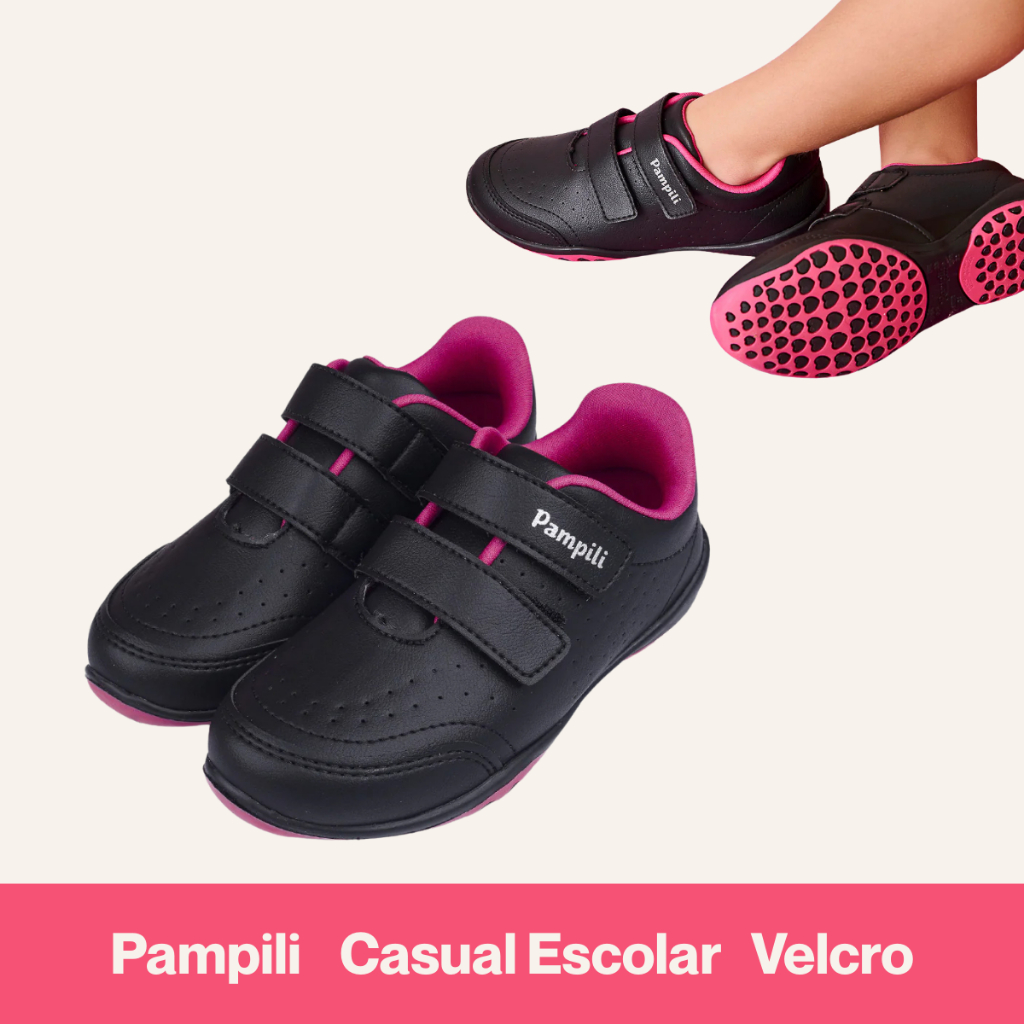 Tênis Escolar Pampili Honey Preto C/ Rosa Velcro Anatômico Coração