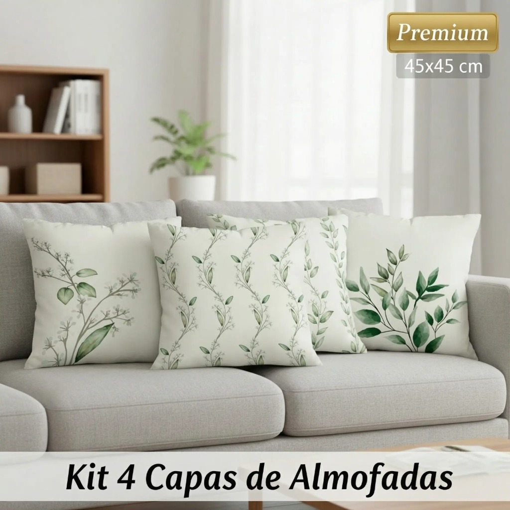 Kit com 4 Capas para Almofada Decorativas Exclusivo 45X45cm Folhas Verdes