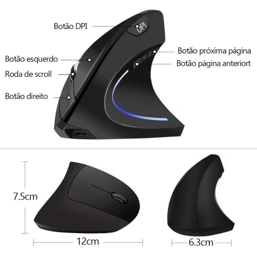 Mouse vertical sem fio, dual mode Bluetooth 2,4 GHz, design ergonômico com LED RECARREGAVEL OU COM PILHA
